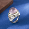 S925 Silver Vintage Inlaid Zircon Glaze Pink Crystal Open Ring 4