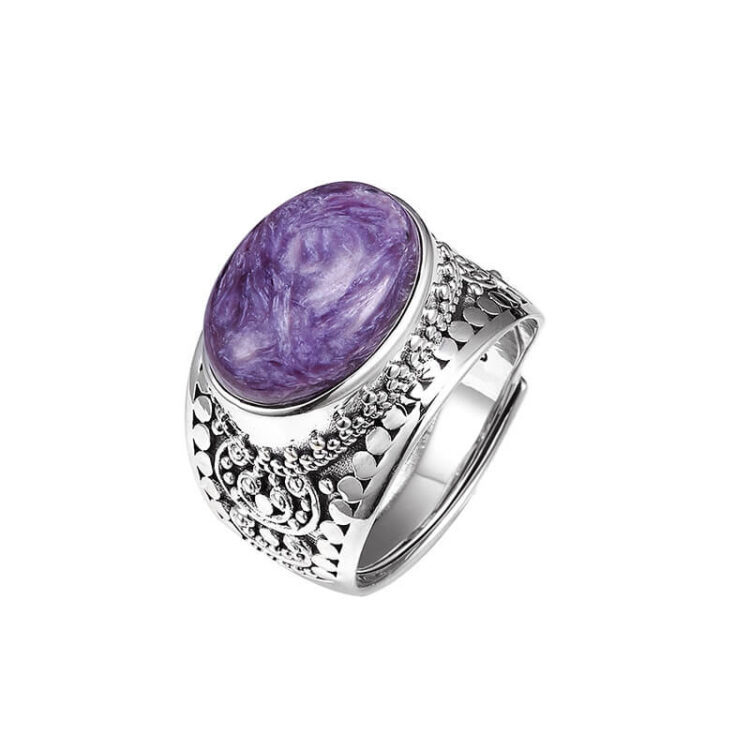 S925 Silver Vintage Pattern Geometric Charoite Ring