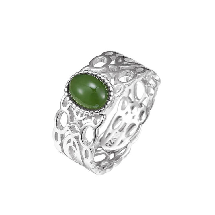 S925 Sterling Silver Hollow Inlaid Hetian Jasper Open Ring