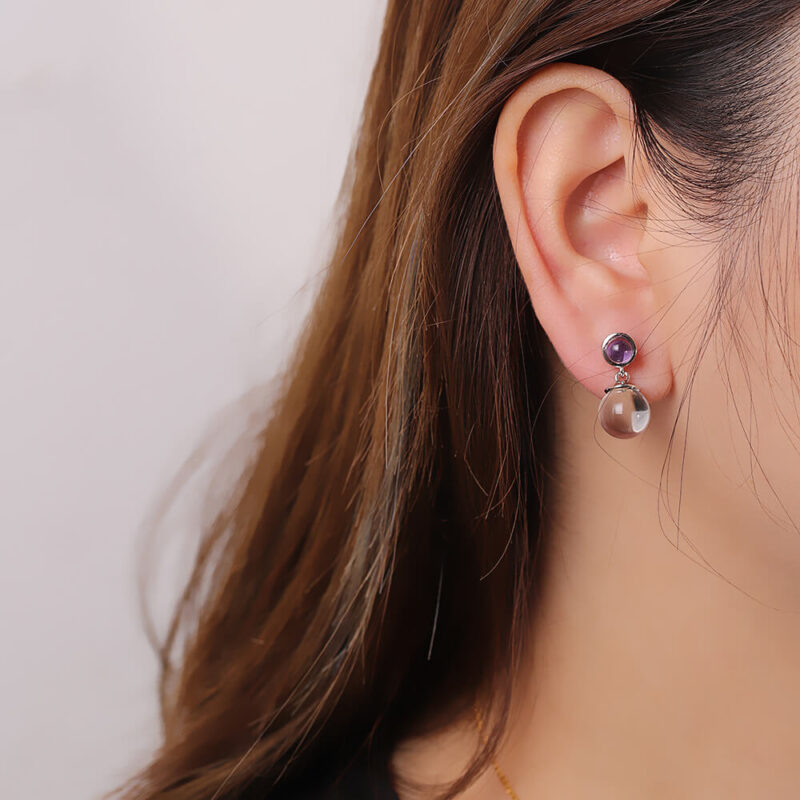 S925 Sterling Silver Inlaid White Crystal Amethyst Earrings 1
