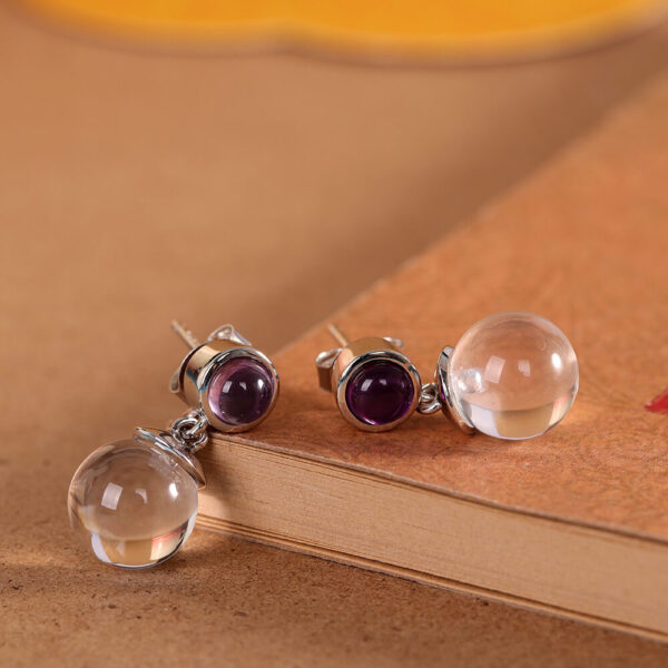 S925 Sterling Silver Inlaid White Crystal Amethyst Earrings 2