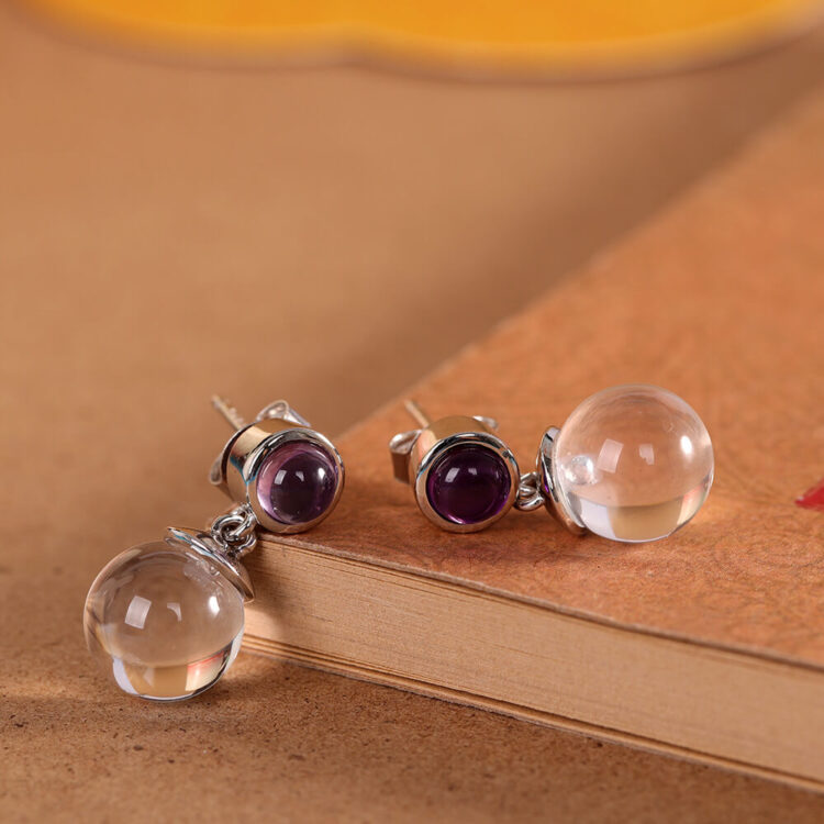 S925 Sterling Silver Inlaid White Crystal Amethyst Earrings