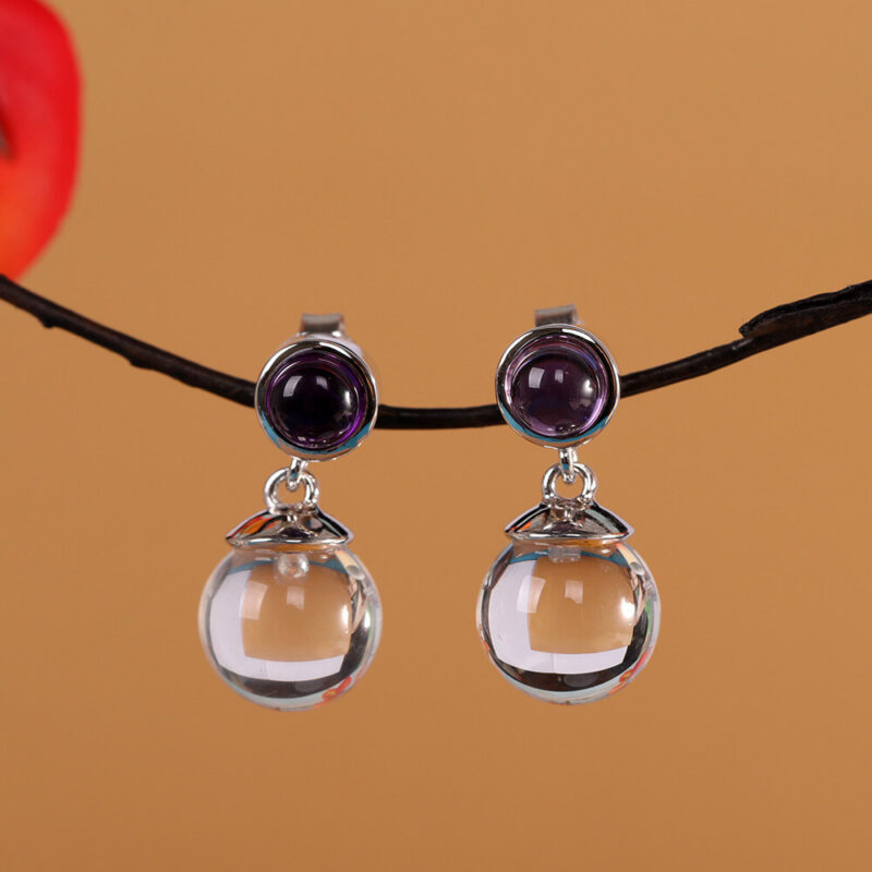 S925 Sterling Silver Inlaid White Crystal Amethyst Earrings 3