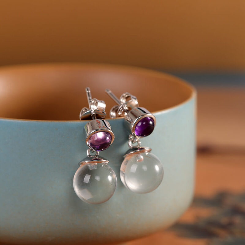 S925 Sterling Silver Inlaid White Crystal Amethyst Earrings 4