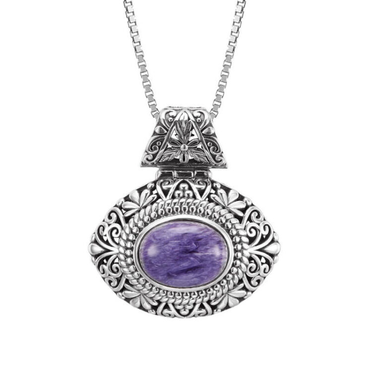 S925 Sterling Silver Vintage Hollow Pattern Charoite Pendant