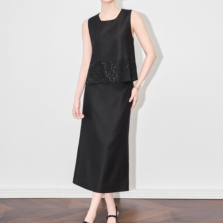 Sequined Embroidered Vest and Fashionable Tencel Skirt Two-Piece Set