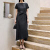 Silk Black Pleated Waist Maxi Dress 3