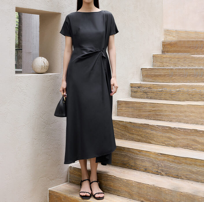 Silk Black Pleated Waist Maxi Dress