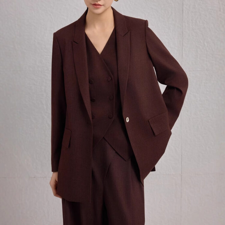 Silk Burgundy Commuter Casual Loose Mid-Length Suit Jacket