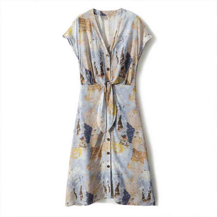 Silk Oil Painting Print V-Neck Dress