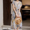 Silk Oil Painting Print V Neck Dress 2