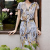 Silk Oil Painting Print V Neck Dress 5