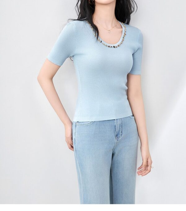 Solid color round neck beaded Tencel crochet knit top 2