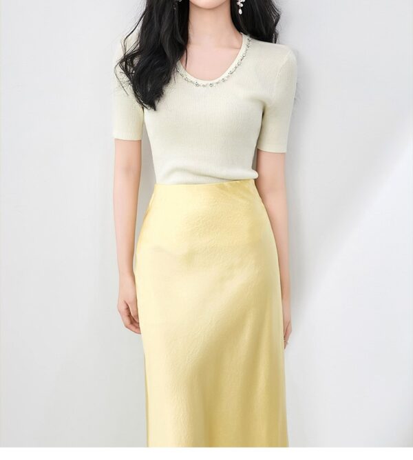 Solid color round neck beaded Tencel crochet knit top 4