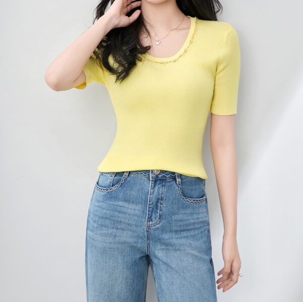 Solid color round neck beaded Tencel crochet knit top 6