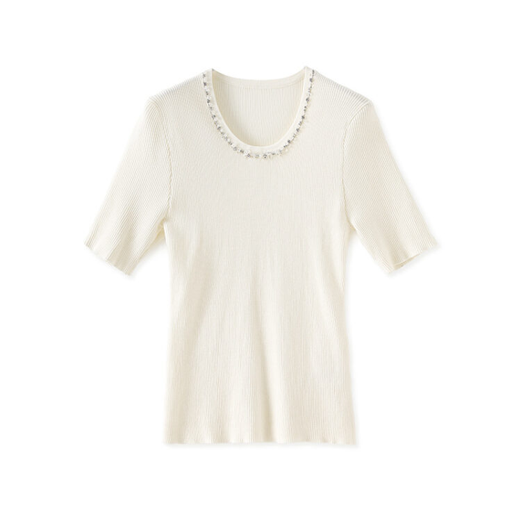 Solid color round neck beaded Tencel crochet knit top