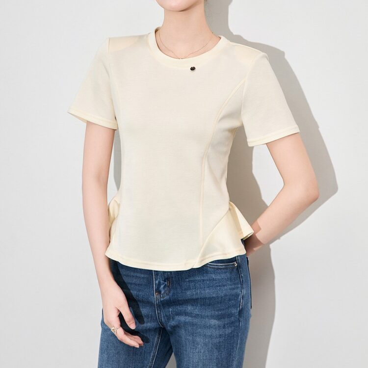 Solid color round neck ruffle hem short sleeve T-shirt