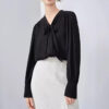 Spring Black Silk Lace up V neck OL Shirt 1