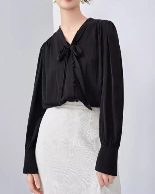 Spring Black Silk Lace-up V-neck OL Shirt