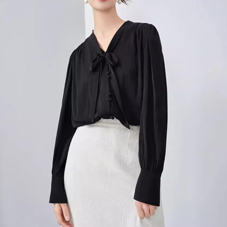 Spring Black Silk Lace-up V-neck OL Shirt