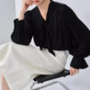 Spring Black Silk Lace up V neck OL Shirt 3