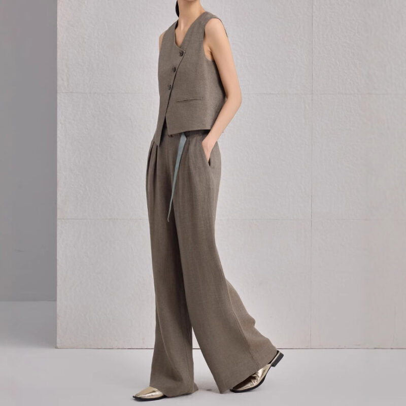 Spring Khaki Linen Vest Casual Pants Two Piece Set 1