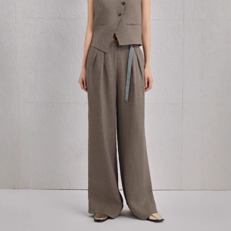 Spring Khaki Linen Vest Casual Pants Two Piece Set 2