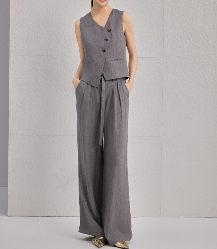 Spring Khaki Linen Vest Casual Pants Two Piece Set 4