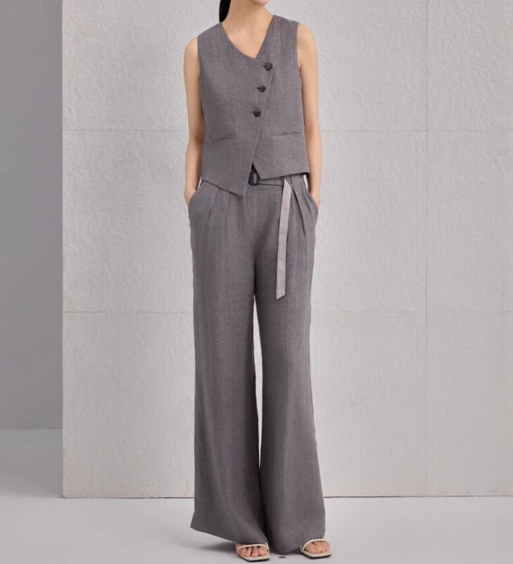 Spring Khaki Linen Vest Casual Pants Two Piece Set 6