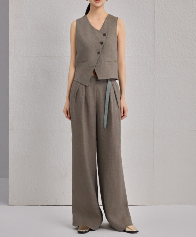 Spring Khaki Linen Vest Casual Pants Two Piece Set 7