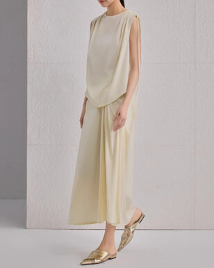 Spring Summer Pleated Commuting Silk Elastic Brocade Vest Skirt Two-piece Set