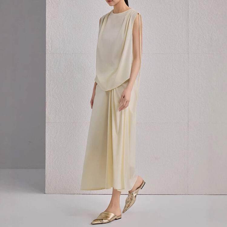 Spring Summer Pleated Commuting Silk Elastic Brocade Vest Skirt Two-piece Set