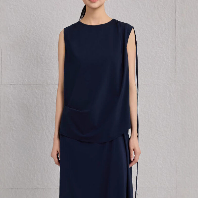 Spring Summer Pleated Commuting Silk Elastic Brocade Vest Skirt Two piece Set 2