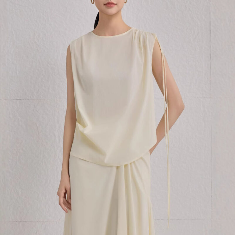 Spring Summer Pleated Commuting Silk Elastic Brocade Vest Skirt Two piece Set 3