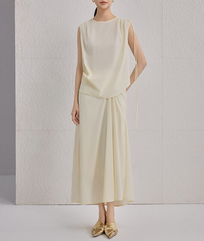 Spring Summer Pleated Commuting Silk Elastic Brocade Vest Skirt Two piece Set 7