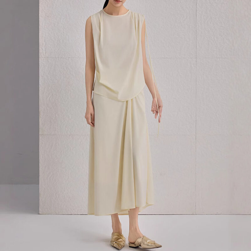 Spring Summer Pleated Commuting Silk Elastic Brocade Vest Skirt Two piece Set 9