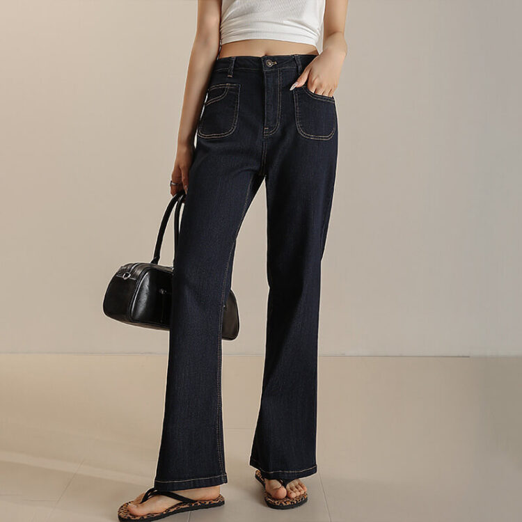 Spring Summer Thin Style Dark Denim Blue Slightly Flared Jeans