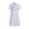 Stand collar slant placket textured embossed jacquard Tencel dress