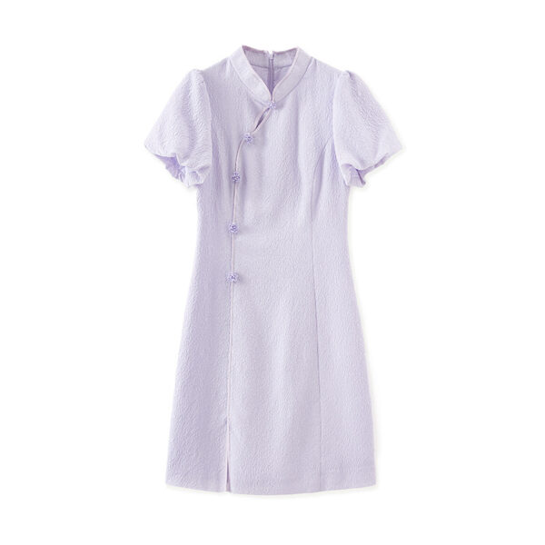 Stand collar slant placket textured embossed jacquard Tencel dress