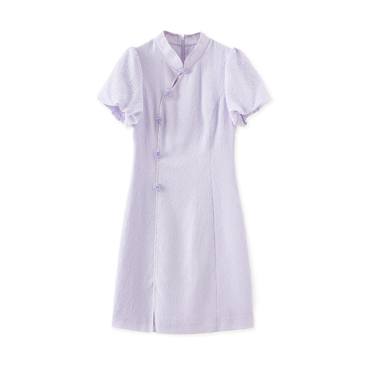 Stand collar slant placket textured embossed jacquard Tencel dress