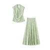 Light green stand collar sleeveless top and skirt two-piece set