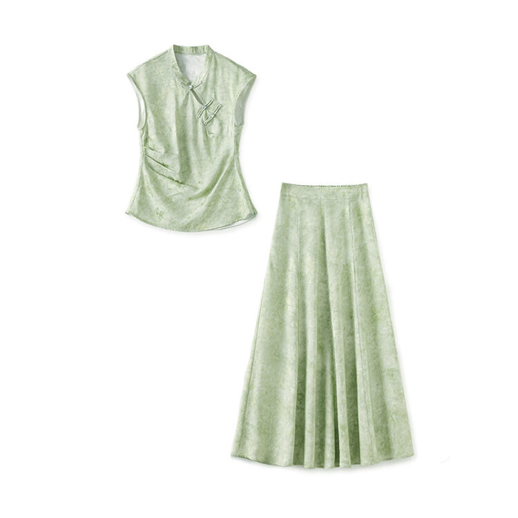 Light green stand collar sleeveless top and skirt two-piece set