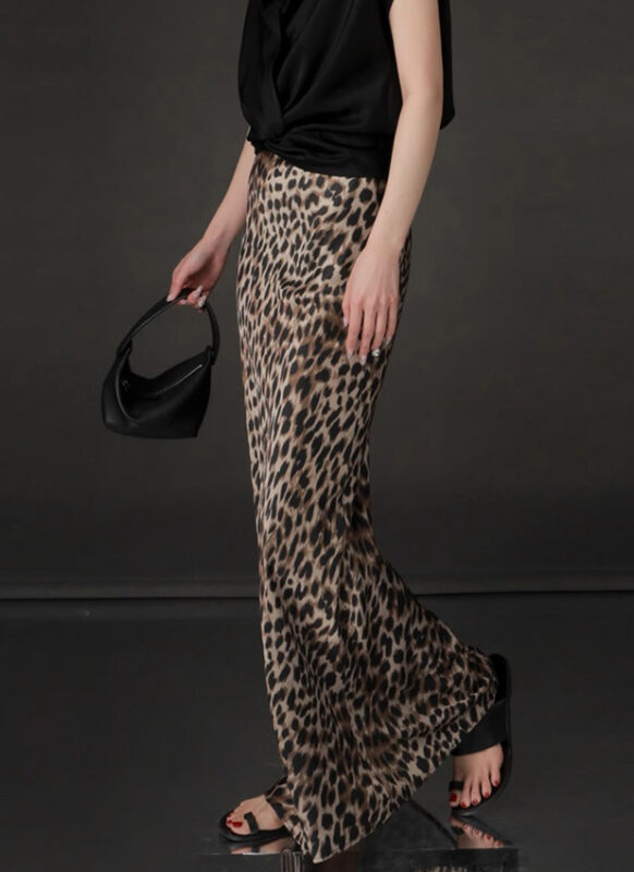 Summer Acetate Satin Leopard Print High Waist Skirt