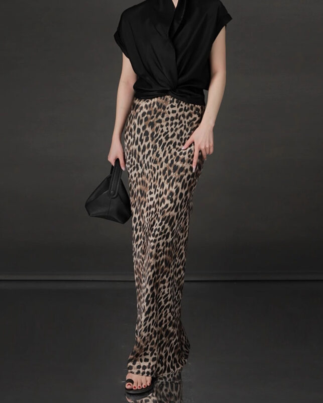 Summer Acetate Satin Leopard Print High Waist Skirt
