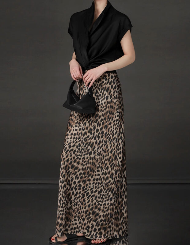 Summer Acetate Satin Leopard Print High Waist Skirt