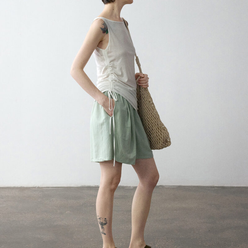 Summer Acetate Tencel Asymmetric Waist Side Smocked Vest