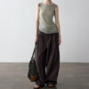 Summer Acetate Tencel Asymmetric Waist Side Smocked Vest