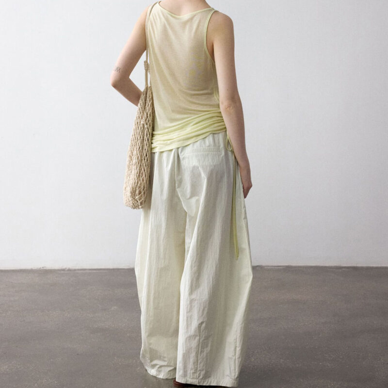 Summer Acetate Tencel Asymmetric Waist Side Smocked Vest