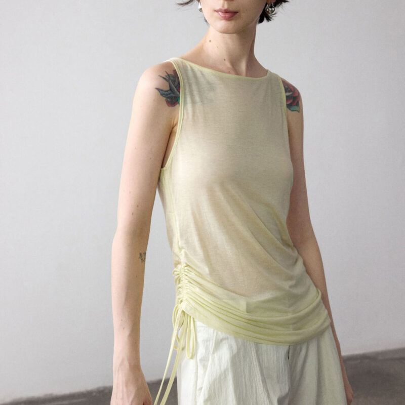 Summer Acetate Tencel Asymmetric Waist Side Smocked Vest