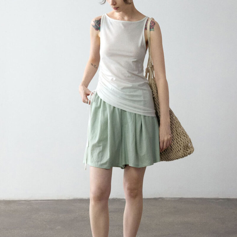 Summer Acetate Tencel Asymmetric Waist Side Smocked Vest